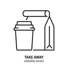 Take away vector concept. Package with food and paper cup line icon. Editable stroke.