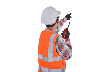 Worker wearing reflective jacket with walkies- talkie in hand isolated on white background with clipping paths.