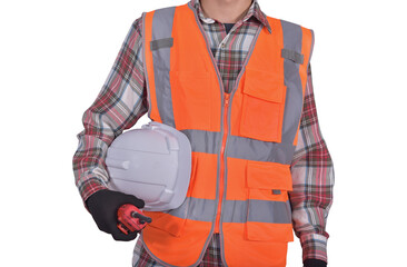 Asian worker wearing reflective jacket hand holding hard hat and holding radio walkie talkie isolated on white background.