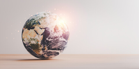 Planet on wooden table with copy space for earth day and saving energy environment concept ,Element of this image from NASA and 3d render.