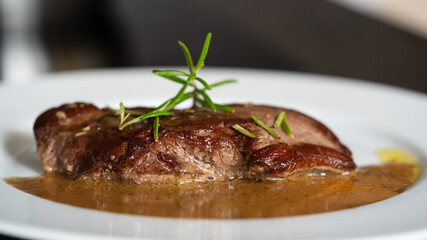 ready to eat, topside roast from the young roe deer in wine mustard sauce