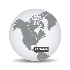 World globe map with the identication of Panama. Map of Panama. Panama on grey political 3D globe. North and central america map. Vector stock.