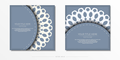 Luxurious Ready-to-print blue color postcard design with arabic patterns. Invitation card template with vintage patterns.