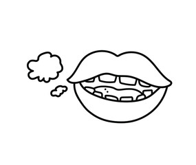 Bad breath mouth with Diastema teeth doodle, a hand drawn vector doodle of a mouth and teeth, isolated on white background.