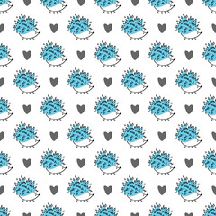 Vector seamless pattern with hedgehogs and hearts on white background. Hand-drawn cute doodle illustration.