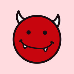 Little red devil funny face, cute face of a devil face smiling with horns and fangs, Halloween vector cartoon.