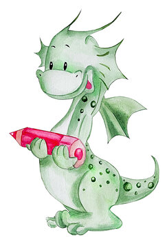 Cute dragon with pencil watercolor illustration for children. Ideal as a poster, textile and invitations.