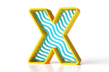 3D geometric letter X made of yellow and blue matte painted plastic with wavy shapes. High definition 3D rendering.