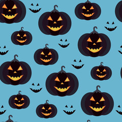 Vector seamless Halloween pattern. Black pumpkins with shining eyes on the blue background.