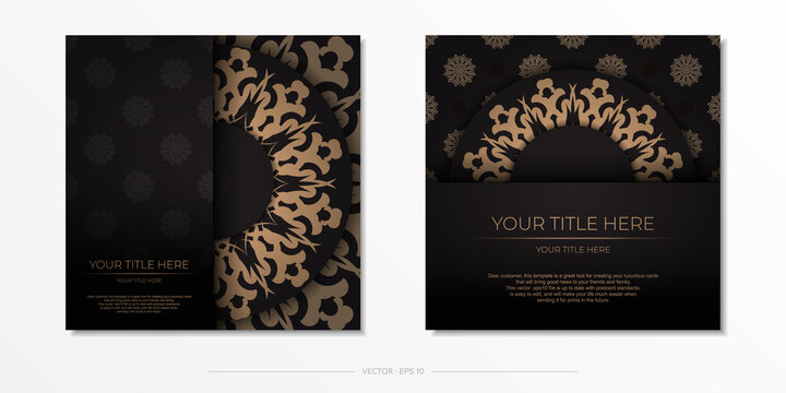 Presentable Ready-to-print postcard design in black with Arabic patterns. Invitation card template with vintage patterns.