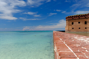 The crystal clear waters of the Gulf of Mexico surround Civil War Historic Fort Jefferson in the Dry Tortugas makes a great place for swimming and snorkeling