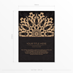 Presentable vector template for print design postcard in black color with arabic ornament. Preparing an invitation card with vintage patterns.