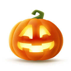Jack O Lantern. Halloween pumpkin with glowing funny face expression. Isolated.