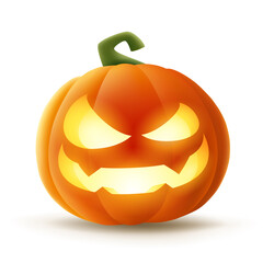 Jack O Lantern. Halloween pumpkin with glowing funny face expression. Isolated.