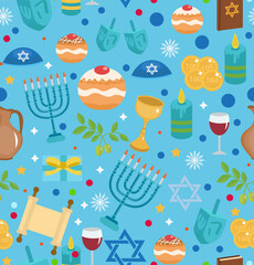 Hanukkah seamless pattern with menorah, dreidel, coins, snowflakes, donuts, bows and Jewish star.