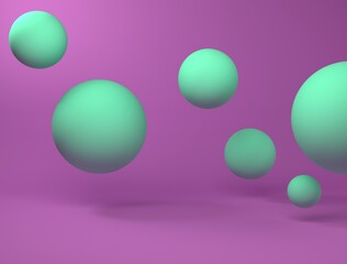 Abstract composition of green spheres on a purple background. Minimal modern style. Banner for presentation, landing page, website. 3D rendering
