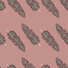 Forest jungle seamless pattern with doodle palm leaves print. Pink pale background. Minimalistic style.