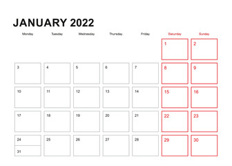 Wall planner for January 2022 in English language, week starts in Monday.