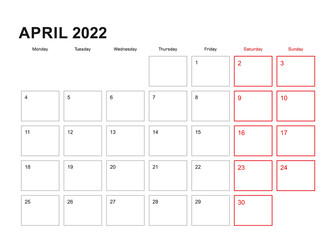 Wall planner for April 2022 in English language, week starts in Monday.