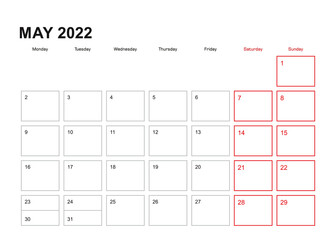 Wall planner for May 2022 in English language, week starts in Monday.