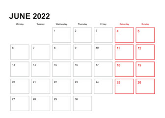 Wall planner for June 2022 in English language, week starts in Monday.