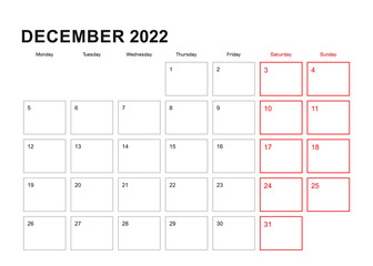 Wall planner for December 2022 in English language, week starts in Monday.