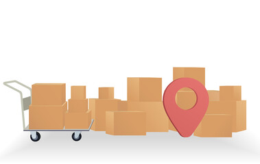 Several boxes and a cart on the ground with location symbol. Vector Illustration EPS10.