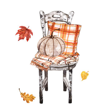 Autumn arrangement, watercolor painting. Pillow with buffalo plaid ornament, warm blanket, burlap pumpkin on a vintage birch chair. Cozy autumn mood.