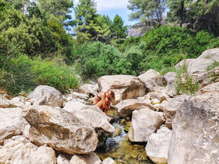 Woman wearing a bikini sitting between the rocks in the valley with Clear water mountain river