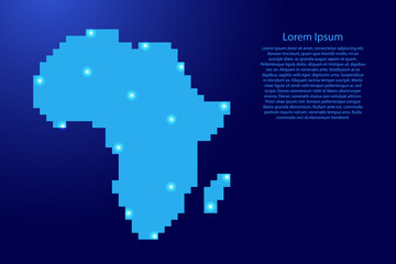 Fototapeta na wymiar Africa map map silhouette from blue square pixels and glowing stars. Vector illustration.