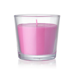 Front view of pink scented candle in glass
