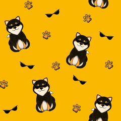 Seamless pattern Shiba Inu dog in black glasses, dog footprints, paws. I love dogs, Shiba dogs.