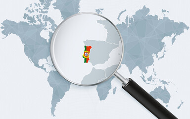 World map with a magnifying glass pointing at Portugal. Map of Portugal with the flag in the loop.