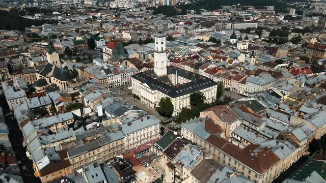 Drone video of famous lviv old city center and city hall names "Ratusha"



