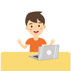 the boy at the computer communicates with friends and family on the Internet and via video communication. vector illustration