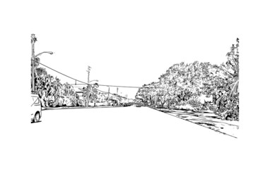 Building view with landmark of Jupiter is the 
town in Florida. Hand drawn sketch illustration in vector.