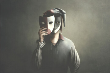 Illustration of jester clown hiding his face with theatrical masks, surreal concept - obrazy, fototapety, plakaty