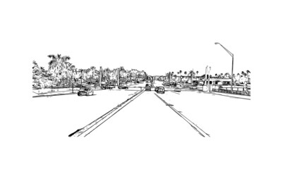 Building view with landmark of Jupiter is the  town in Florida. Hand drawn sketch illustration in vector. © dhanu3182