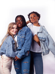 diverse multi nation girls group, teenage friends company cheerful having fun, happy smiling, cute posing isolated on white background, lifestyle people concept, african-american and caucasian