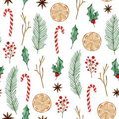 Watercolor christmas seamless pattern with, fir, branches, berries, candy, orange. Isolated on white background. Hand drawn clipart. Perfect for card, fabric, tags, invitation, printing, wrapping.