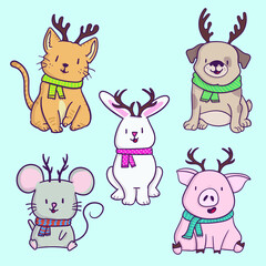 set of funny cartoon animals wearing a scarf and antlers