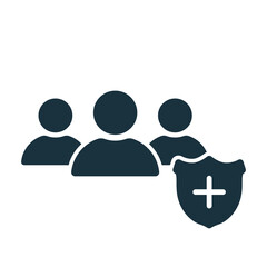 People Crowd with Medical Shield Silhouette icon. Immune System of Person. Medical Prevention for People. Shield Icon with People inside isolated. Vector illustration