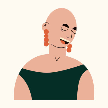 Bald young smiling girl avatar. Portrait of trendy bald woman with earrings. Happy girl defeating cancer. Fashion and alopecia. Female character with shaved head. Flat vector cartoon illustration