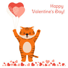 Happy Valentines Day card with Tiger and air balloon. Animal tiger with surprise cartoon flat poster background. Banner comic love cute stripe big cat, romantic clipart vector