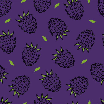 Black raspberry and leaves seamless pattern. Vector background