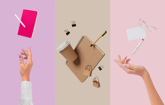 Collage With Stationery Office Supplies Levitation. Back To School Concept