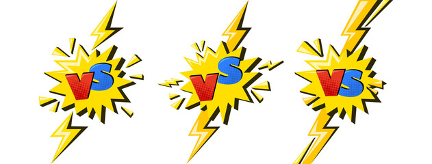 Fototapeta na wymiar Superhero versus sign with lightning. VS letters in yellow star as symbol of battle and confrontation. Comic vector illustration isolated in white background