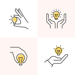 Hand presenting a light bulb. Innovation, inspiration, creativity line icons set.