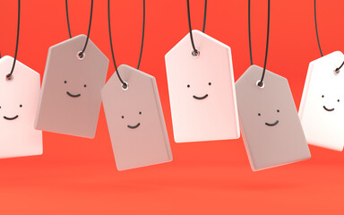 Bunch of Funny sale tags, discount concept, black Friday sale. Isolated on bright red background. Modern design, 3d rendering.