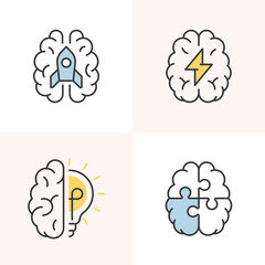 Set of creative line icons of brain with various creative elements.